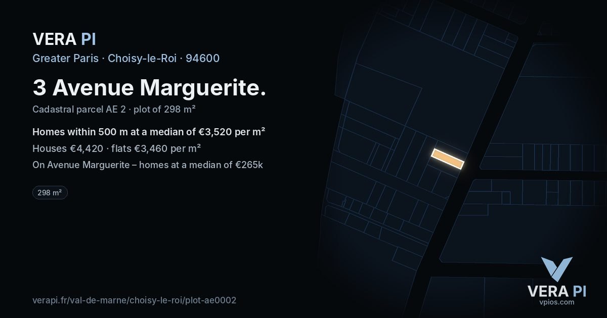 3 Avenue Marguerite, Choisy-le-Roi at night – the plot lit, the parcels around coloured by the prices near them