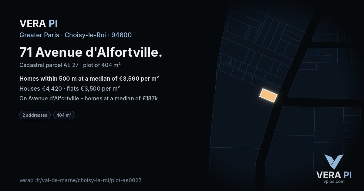 71 Avenue d'Alfortville, Choisy-le-Roi at night – the plot lit, the parcels around coloured by the prices near them
