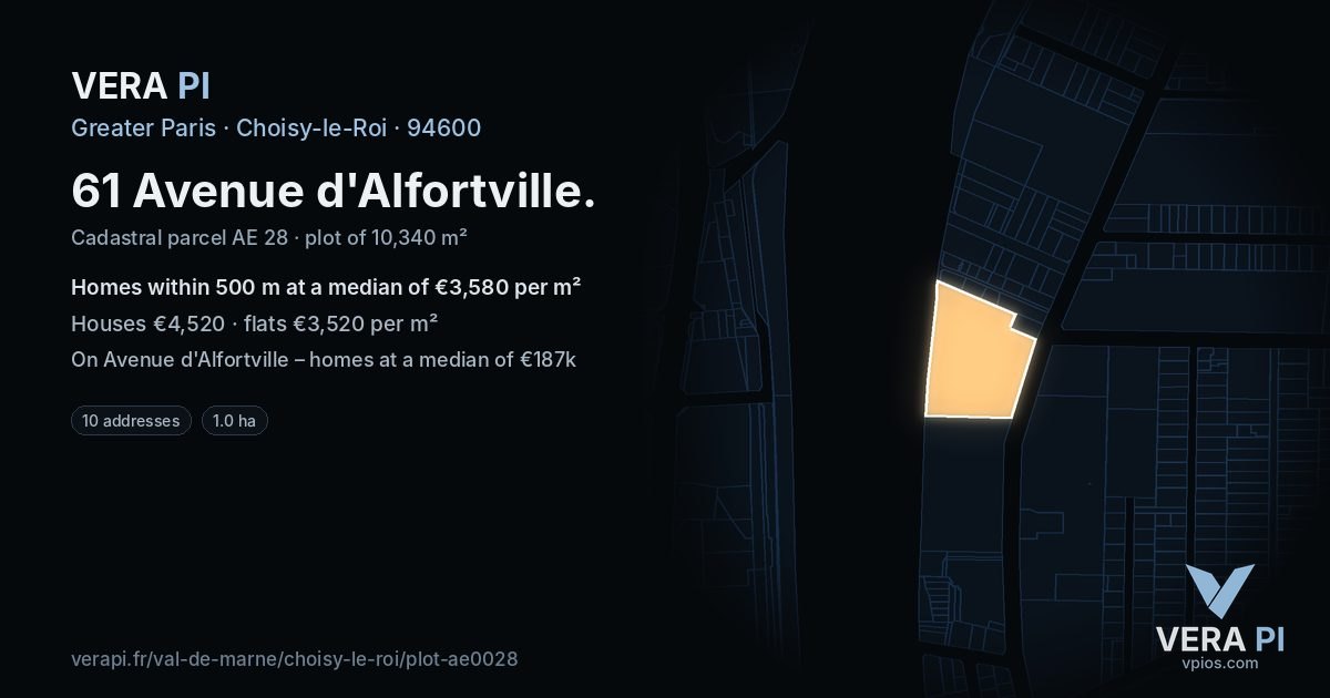 61 Avenue d'Alfortville, Choisy-le-Roi at night – the plot lit, the parcels around coloured by the prices near them