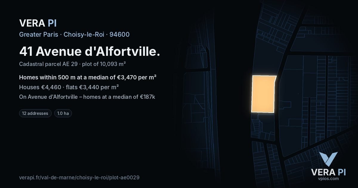41 Avenue d'Alfortville, Choisy-le-Roi at night – the plot lit, the parcels around coloured by the prices near them