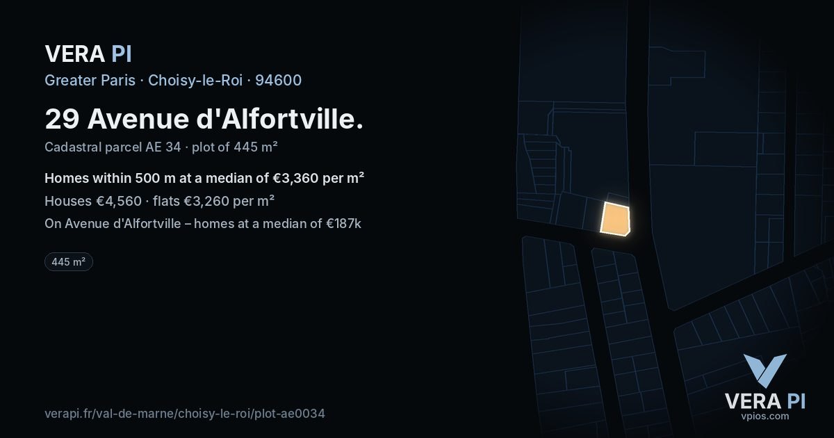 29 Avenue d'Alfortville, Choisy-le-Roi at night – the plot lit, the parcels around coloured by the prices near them