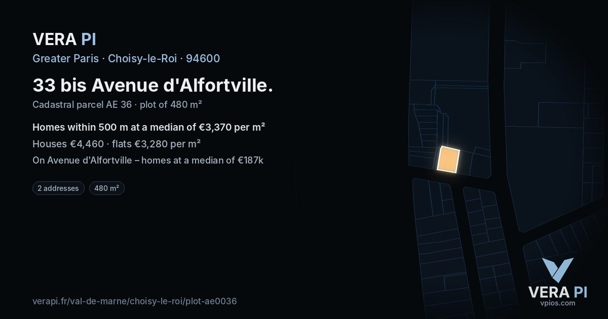 33 bis Avenue d'Alfortville, Choisy-le-Roi at night – the plot lit, the parcels around coloured by the prices near them