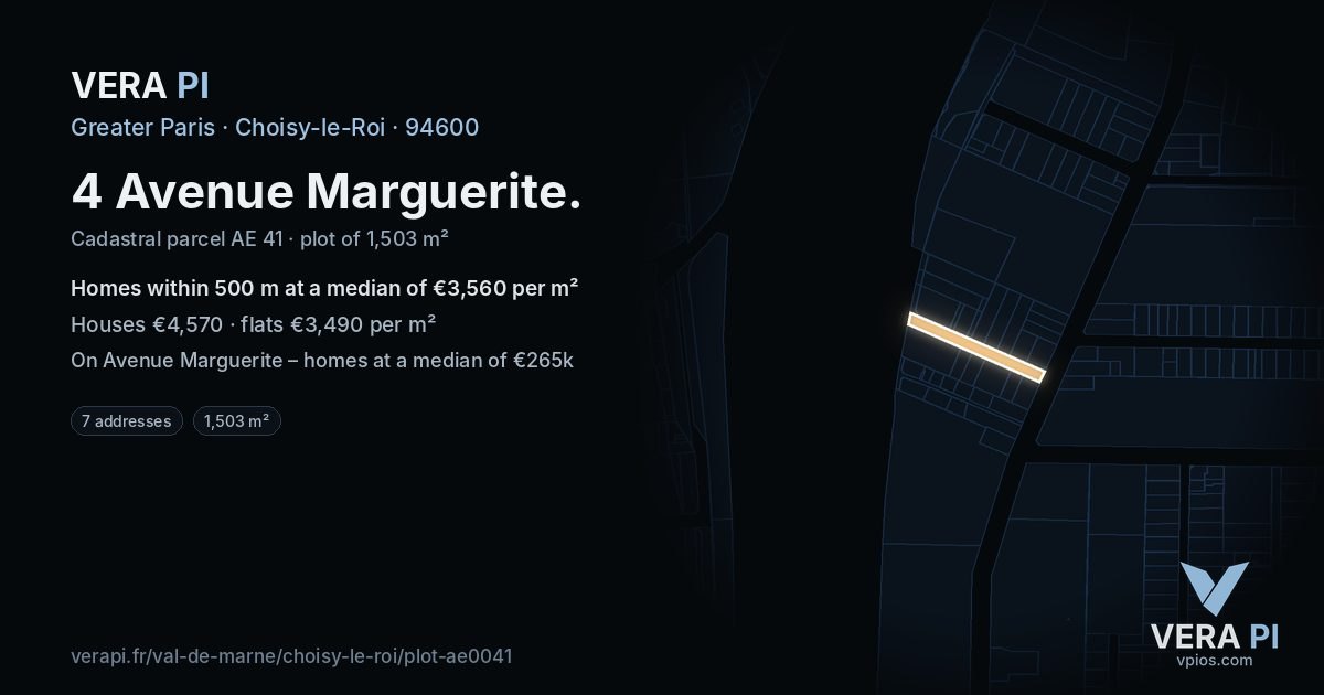 4 Avenue Marguerite, Choisy-le-Roi at night – the plot lit, the parcels around coloured by the prices near them