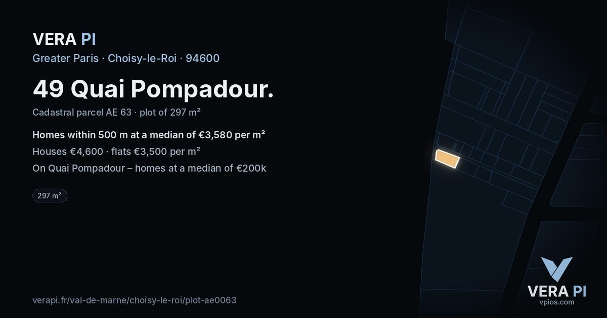 49 Quai Pompadour, Choisy-le-Roi at night – the plot lit, the parcels around coloured by the prices near them