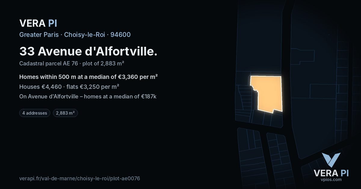 33 Avenue d'Alfortville, Choisy-le-Roi at night – the plot lit, the parcels around coloured by the prices near them