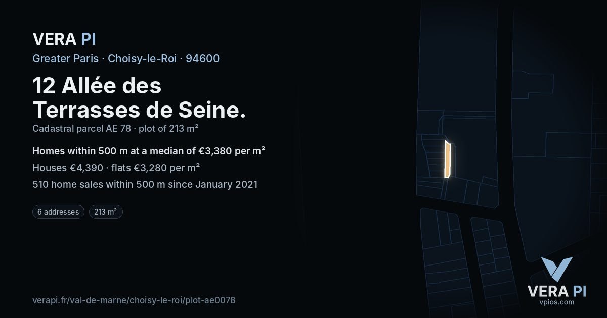 12 Allée des Terrasses de Seine, Choisy-le-Roi at night – the plot lit, the parcels around coloured by the prices near them