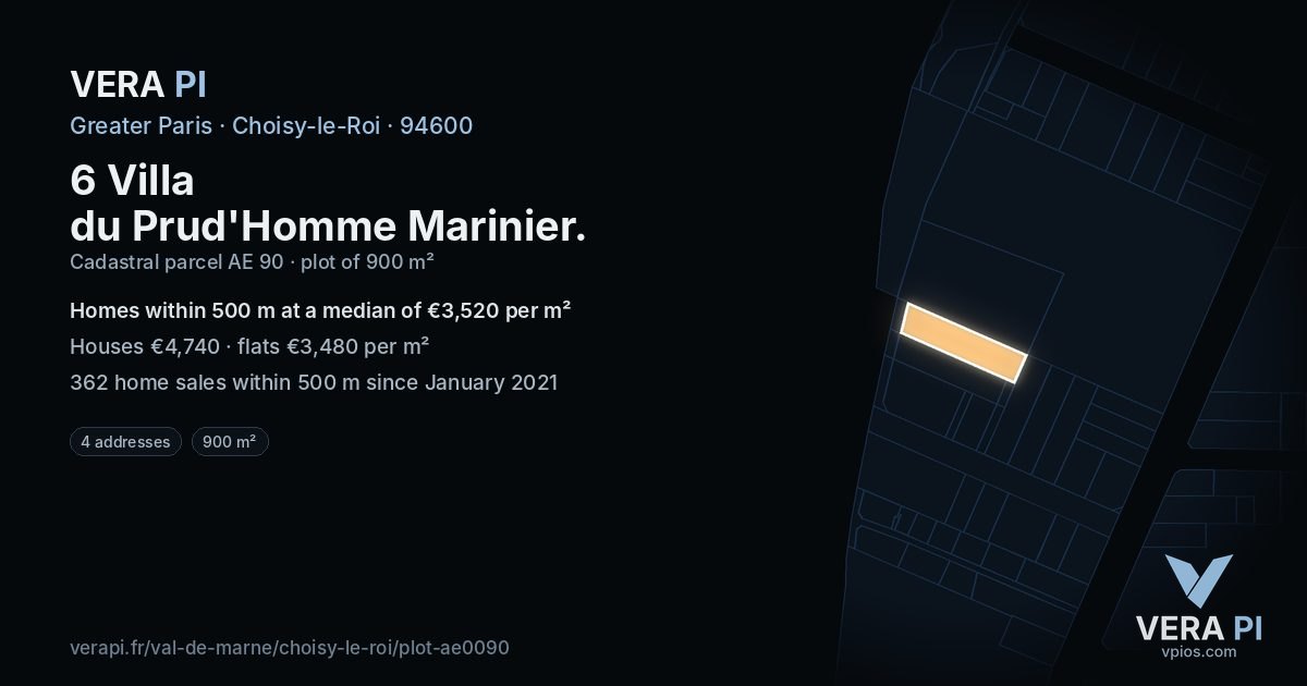 6 Villa du Prud'Homme Marinier, Choisy-le-Roi at night – the plot lit, the parcels around coloured by the prices near them