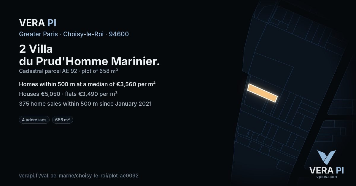 2 Villa du Prud'Homme Marinier, Choisy-le-Roi at night – the plot lit, the parcels around coloured by the prices near them