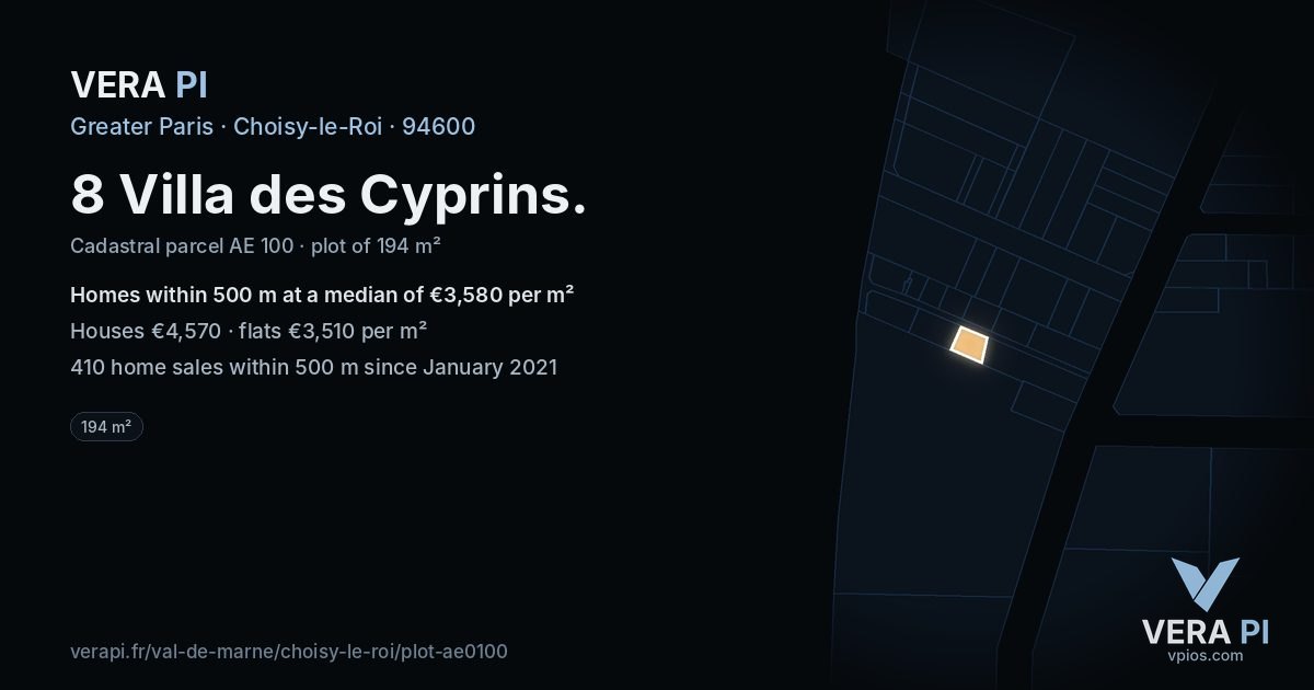 8 Villa des Cyprins, Choisy-le-Roi at night – the plot lit, the parcels around coloured by the prices near them