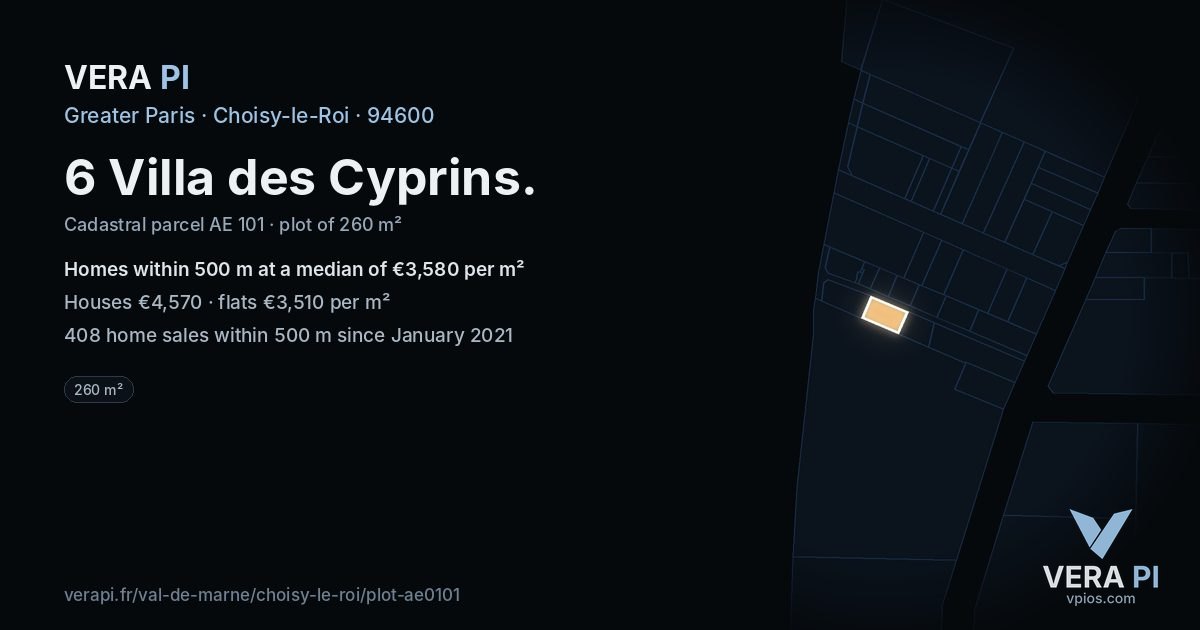 6 Villa des Cyprins, Choisy-le-Roi at night – the plot lit, the parcels around coloured by the prices near them