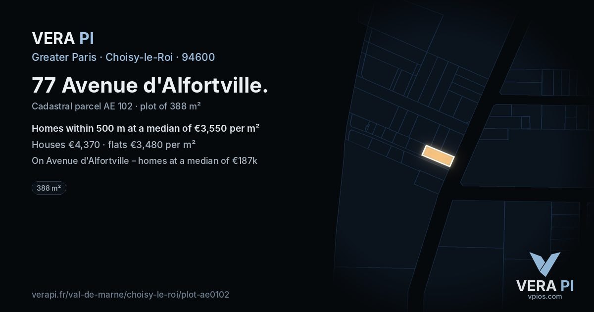 77 Avenue d'Alfortville, Choisy-le-Roi at night – the plot lit, the parcels around coloured by the prices near them