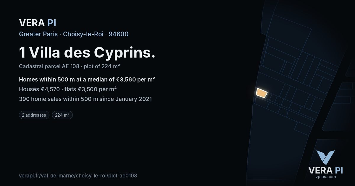 1 Villa des Cyprins, Choisy-le-Roi at night – the plot lit, the parcels around coloured by the prices near them