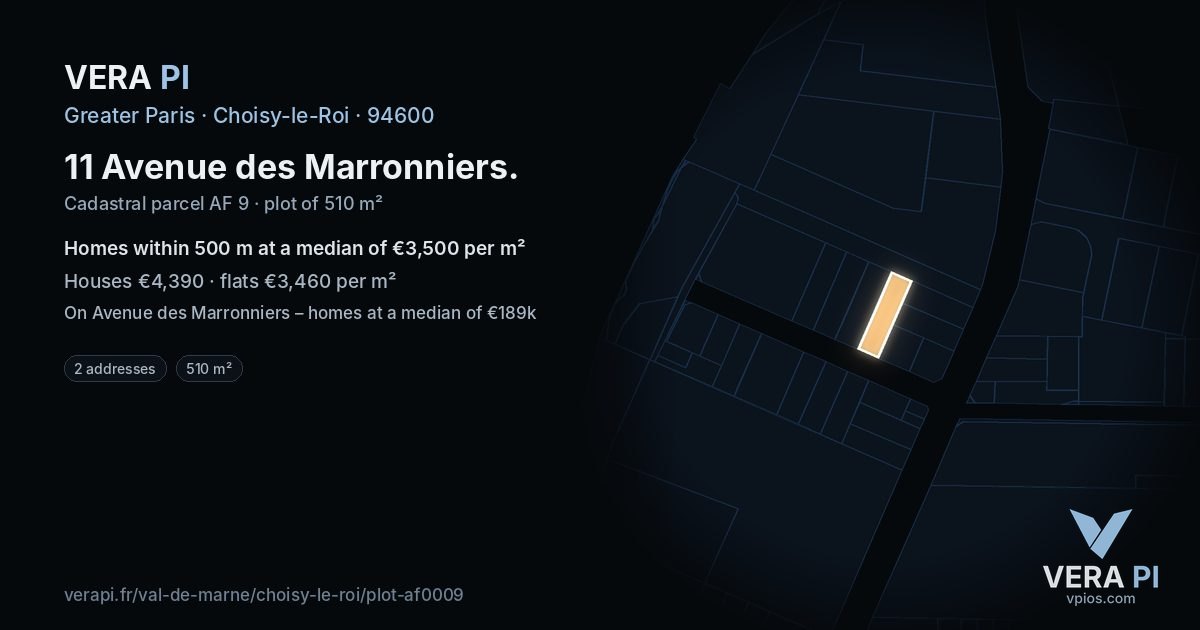 11 Avenue des Marronniers, Choisy-le-Roi at night – the plot lit, the parcels around coloured by the prices near them