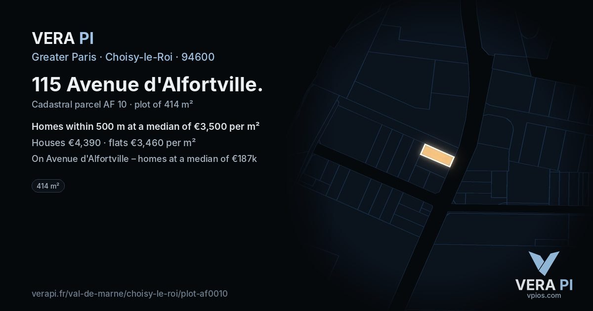 115 Avenue d'Alfortville, Choisy-le-Roi at night – the plot lit, the parcels around coloured by the prices near them