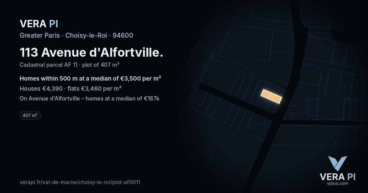 113 Avenue d'Alfortville, Choisy-le-Roi at night – the plot lit, the parcels around coloured by the prices near them