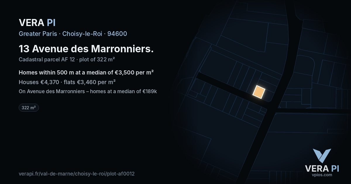 13 Avenue des Marronniers, Choisy-le-Roi at night – the plot lit, the parcels around coloured by the prices near them
