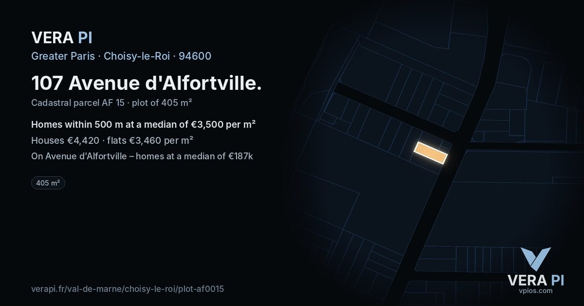 107 Avenue d'Alfortville, Choisy-le-Roi at night – the plot lit, the parcels around coloured by the prices near them