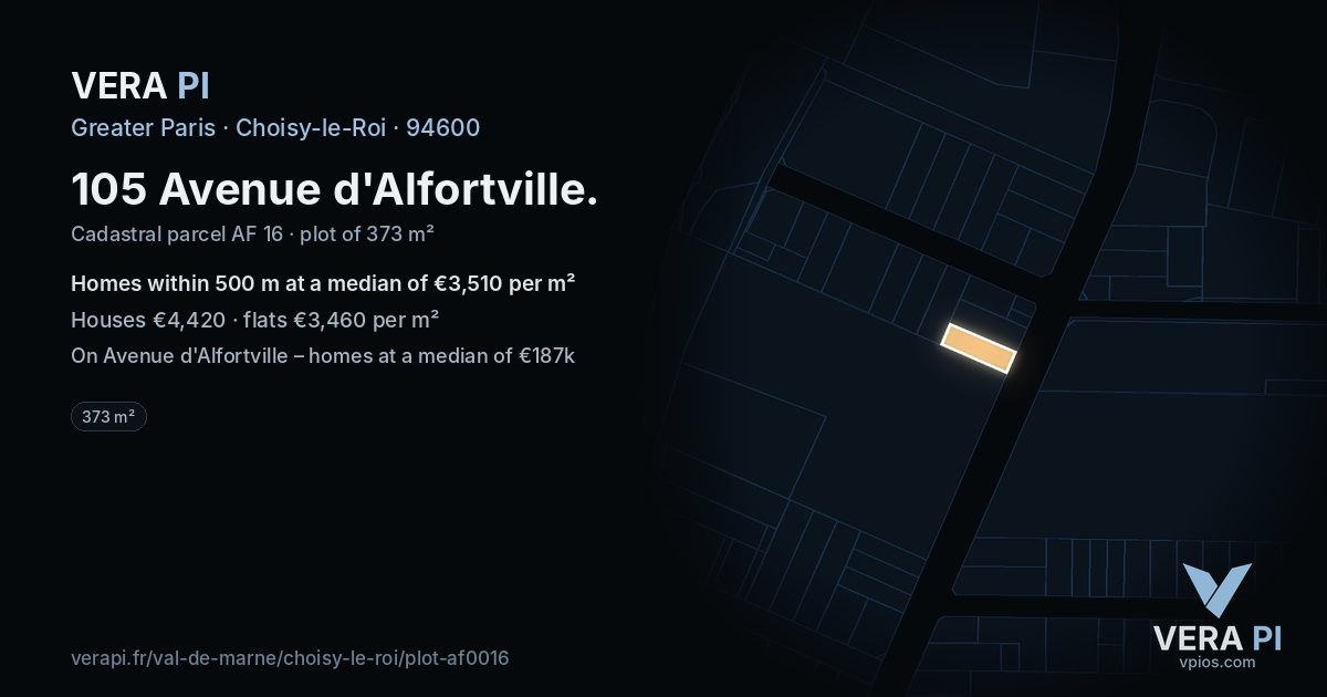 105 Avenue d'Alfortville, Choisy-le-Roi at night – the plot lit, the parcels around coloured by the prices near them
