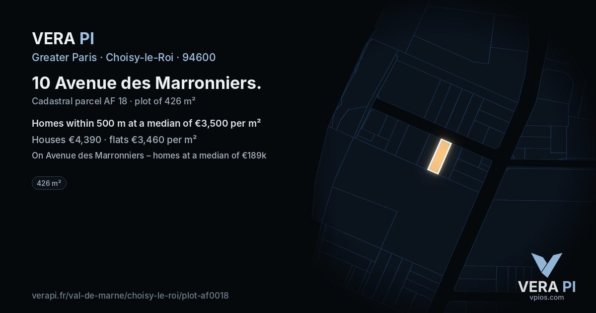 10 Avenue des Marronniers, Choisy-le-Roi at night – the plot lit, the parcels around coloured by the prices near them