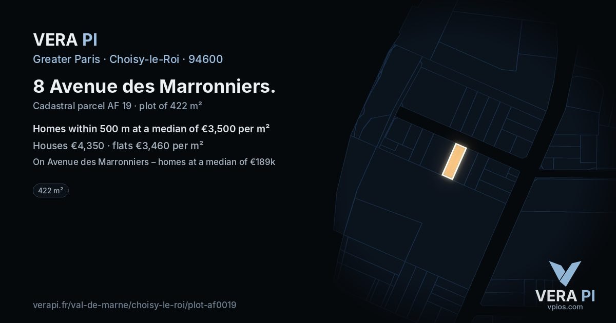 8 Avenue des Marronniers, Choisy-le-Roi at night – the plot lit, the parcels around coloured by the prices near them