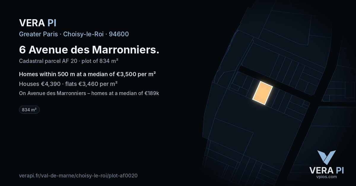 6 Avenue des Marronniers, Choisy-le-Roi at night – the plot lit, the parcels around coloured by the prices near them