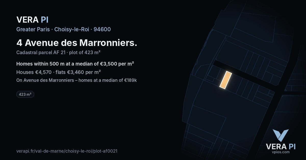 4 Avenue des Marronniers, Choisy-le-Roi at night – the plot lit, the parcels around coloured by the prices near them