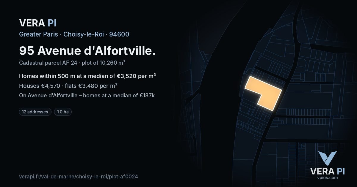 95 Avenue d'Alfortville, Choisy-le-Roi at night – the plot lit, the parcels around coloured by the prices near them