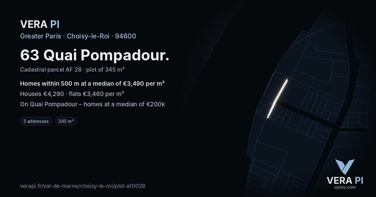 63 Quai Pompadour, Choisy-le-Roi at night – the plot lit, the parcels around coloured by the prices near them