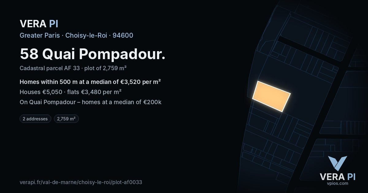 58 Quai Pompadour, Choisy-le-Roi at night – the plot lit, the parcels around coloured by the prices near them