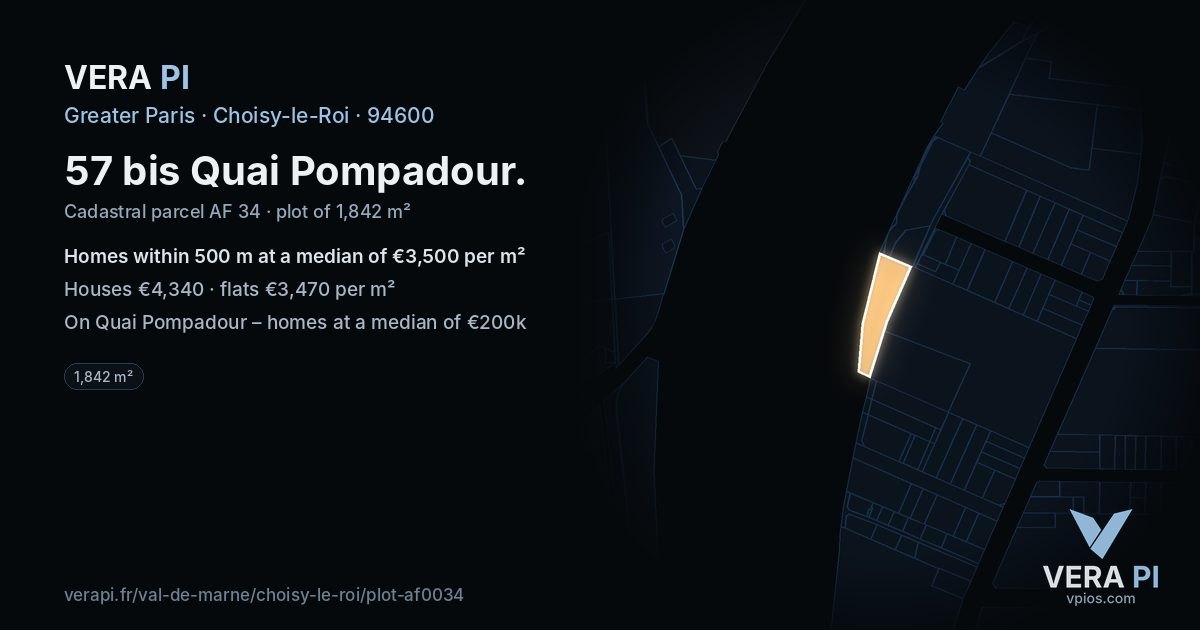 57 bis Quai Pompadour, Choisy-le-Roi at night – the plot lit, the parcels around coloured by the prices near them