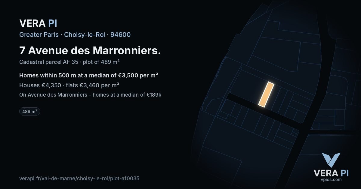 7 Avenue des Marronniers, Choisy-le-Roi at night – the plot lit, the parcels around coloured by the prices near them