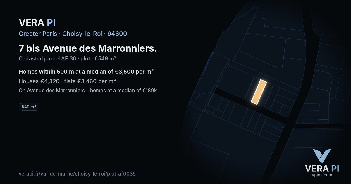 7 bis Avenue des Marronniers, Choisy-le-Roi at night – the plot lit, the parcels around coloured by the prices near them