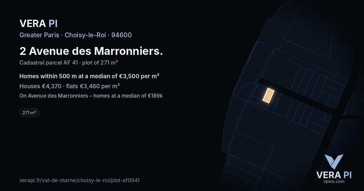 2 Avenue des Marronniers, Choisy-le-Roi at night – the plot lit, the parcels around coloured by the prices near them