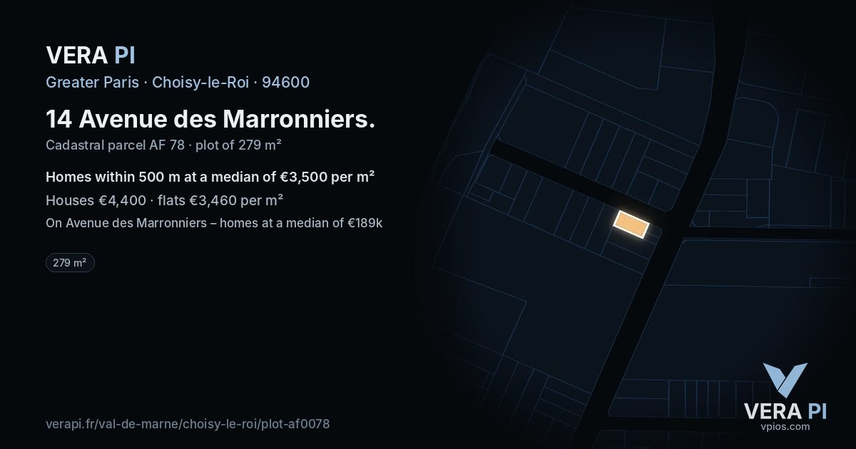 14 Avenue des Marronniers, Choisy-le-Roi at night – the plot lit, the parcels around coloured by the prices near them