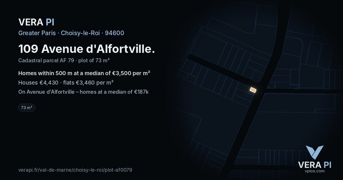 109 Avenue d'Alfortville, Choisy-le-Roi at night – the plot lit, the parcels around coloured by the prices near them