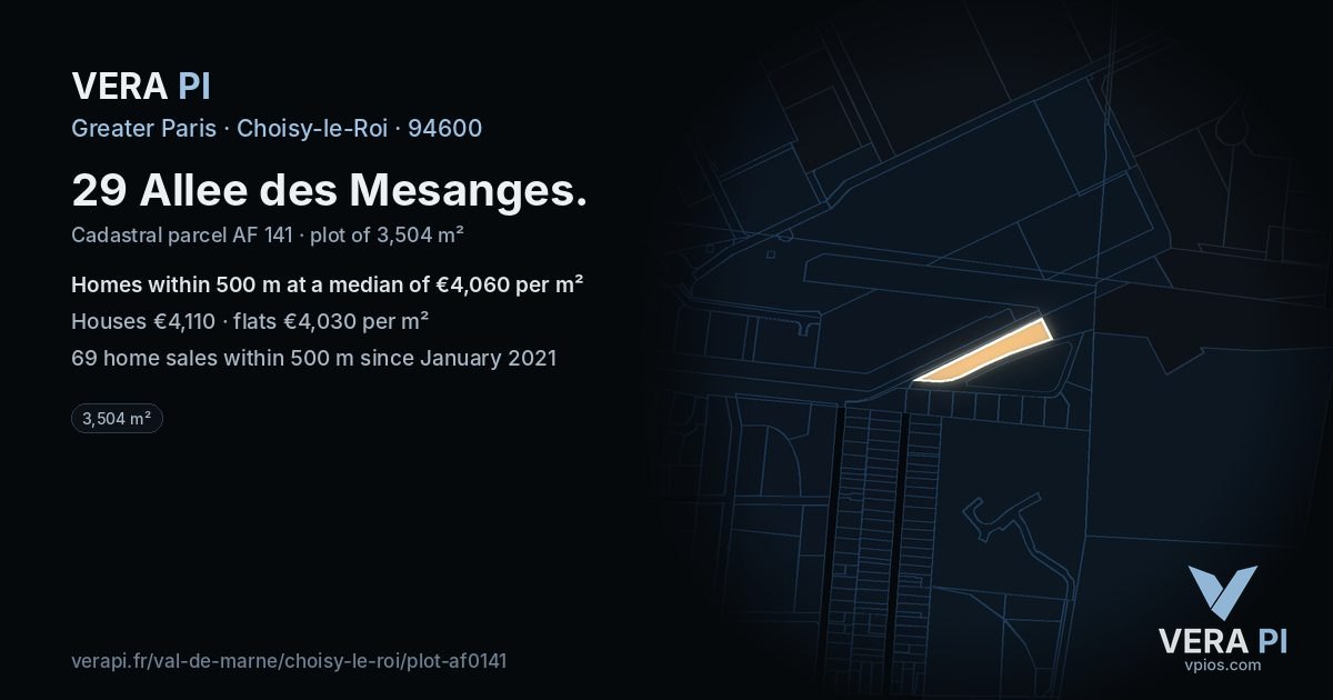 29 Allee des Mesanges, Choisy-le-Roi at night – the plot lit, the parcels around coloured by the prices near them