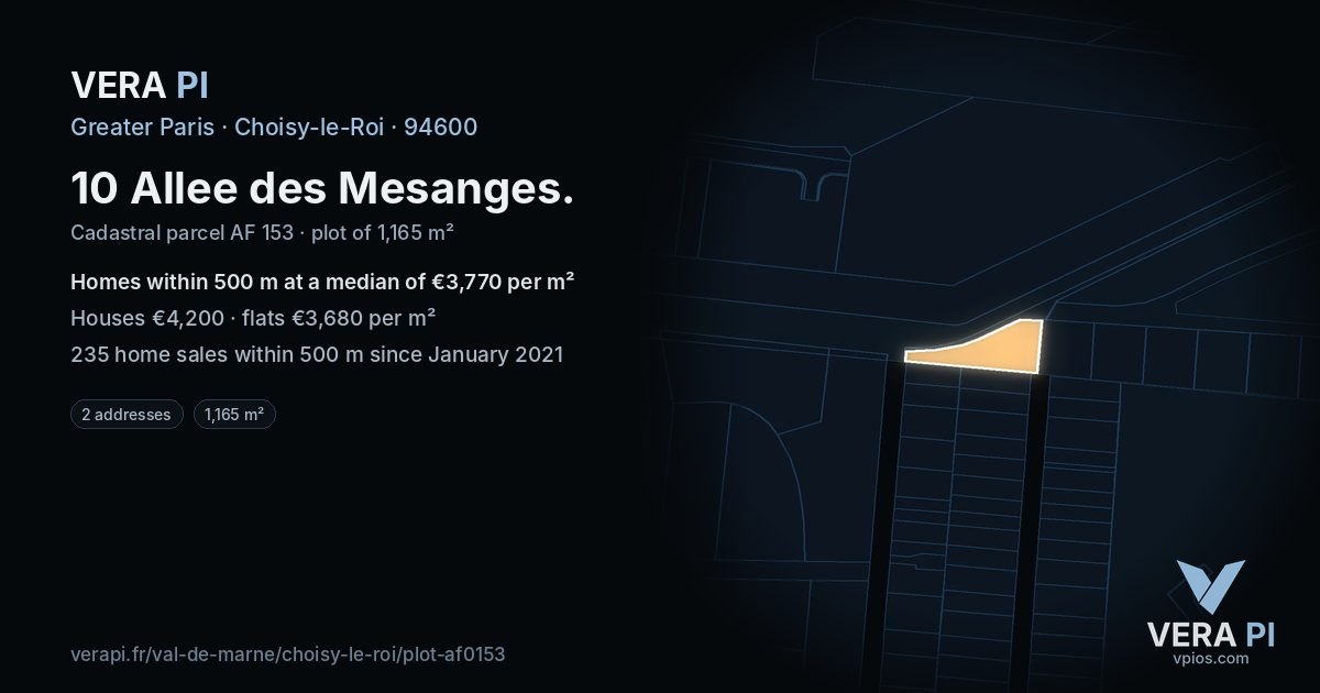 10 Allee des Mesanges, Choisy-le-Roi at night – the plot lit, the parcels around coloured by the prices near them