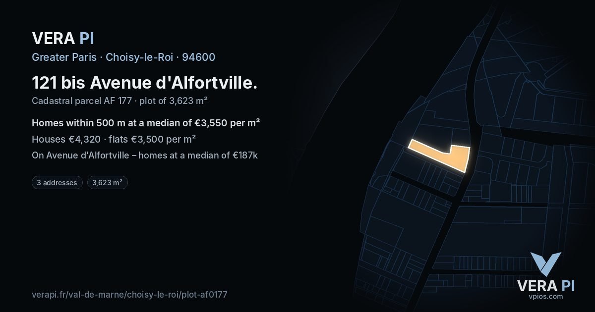 121 bis Avenue d'Alfortville, Choisy-le-Roi at night – the plot lit, the parcels around coloured by the prices near them