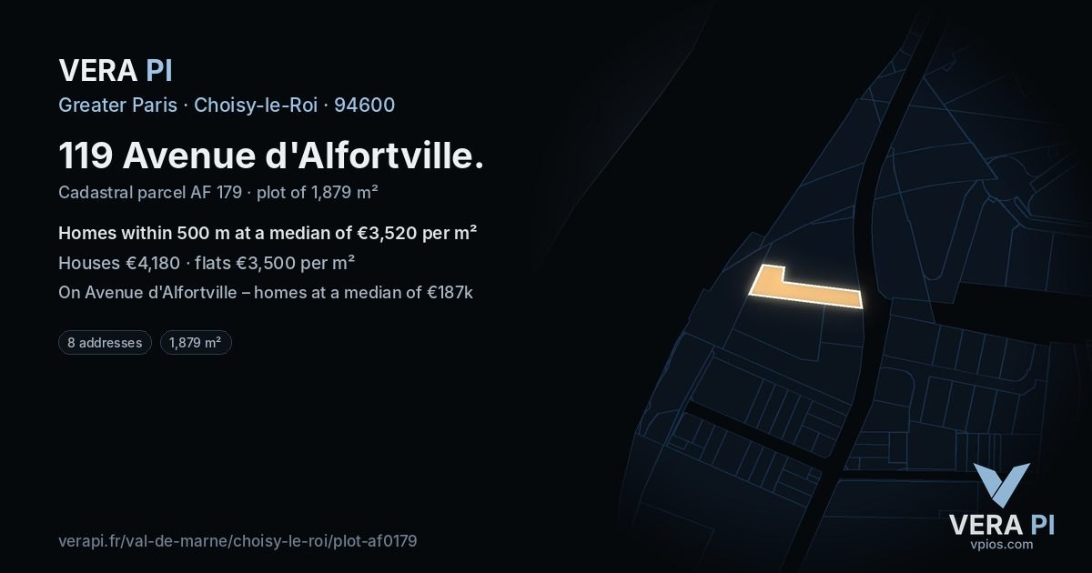 119 Avenue d'Alfortville, Choisy-le-Roi at night – the plot lit, the parcels around coloured by the prices near them