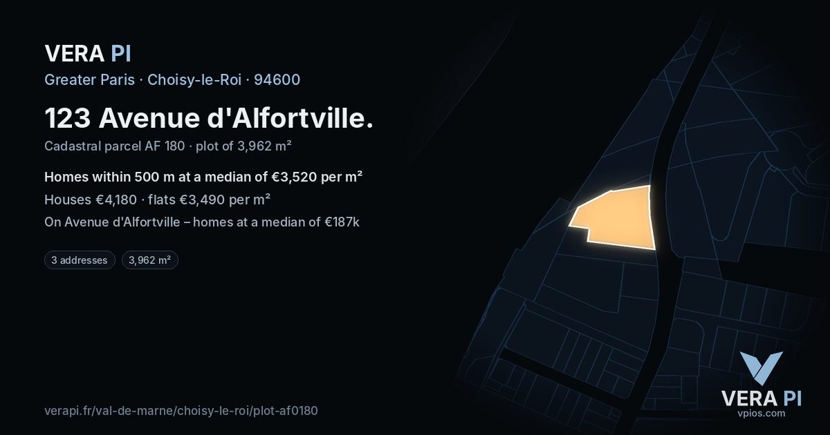 123 Avenue d'Alfortville, Choisy-le-Roi at night – the plot lit, the parcels around coloured by the prices near them