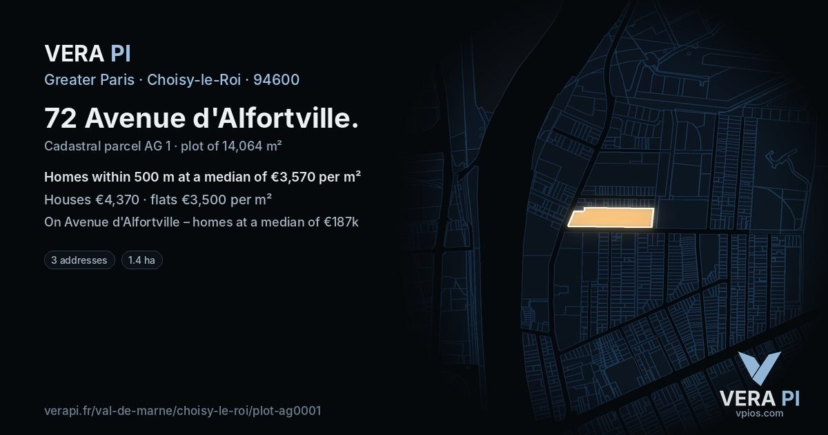 72 Avenue d'Alfortville, Choisy-le-Roi at night – the plot lit, the parcels around coloured by the prices near them
