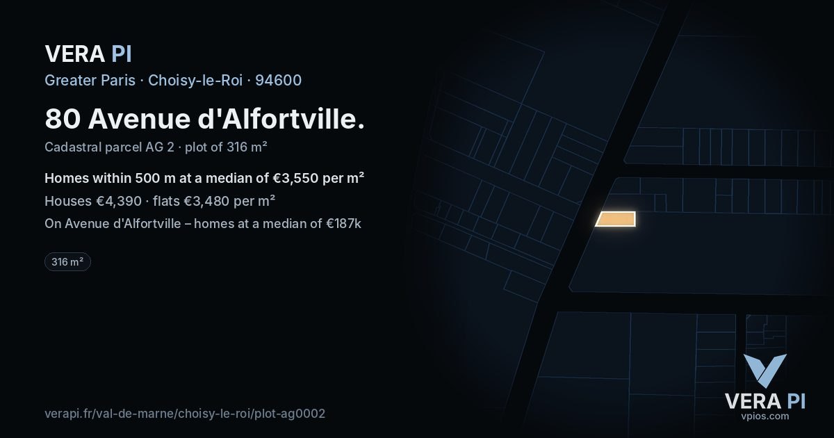 80 Avenue d'Alfortville, Choisy-le-Roi at night – the plot lit, the parcels around coloured by the prices near them