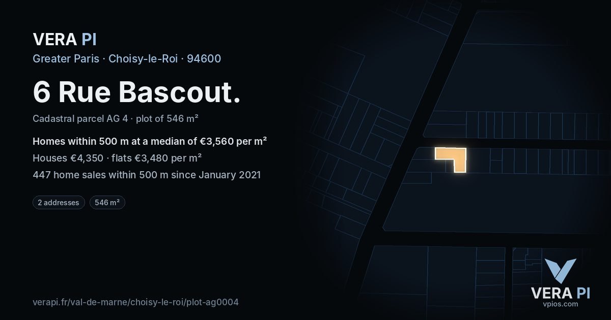 6 Rue Bascout, Choisy-le-Roi at night – the plot lit, the parcels around coloured by the prices near them
