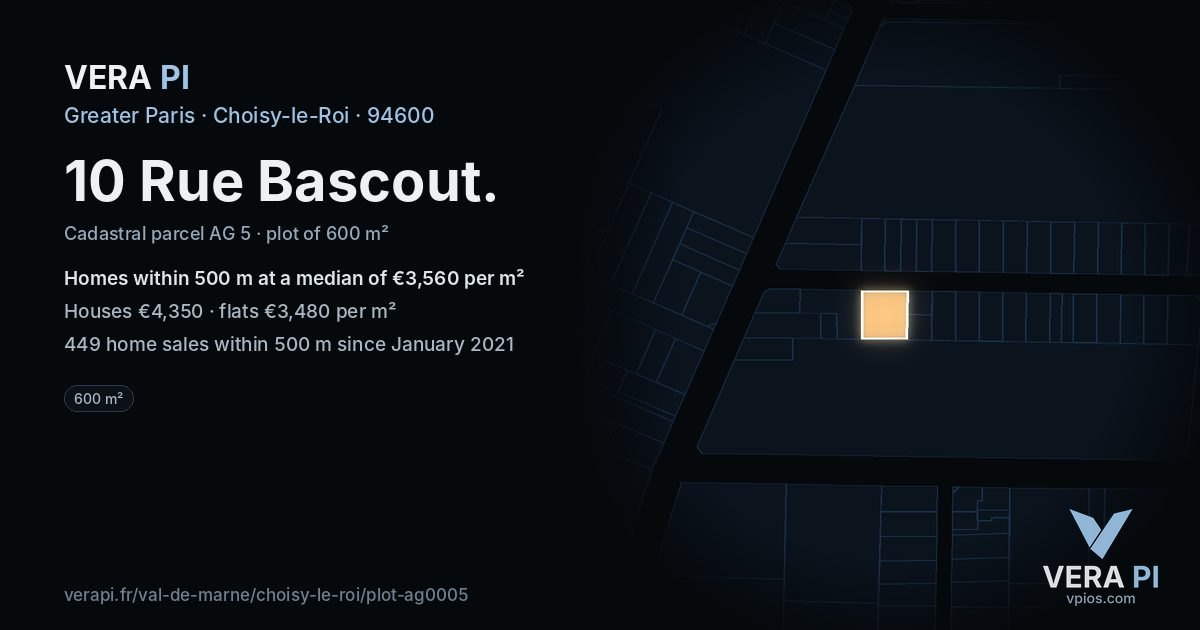 10 Rue Bascout, Choisy-le-Roi at night – the plot lit, the parcels around coloured by the prices near them