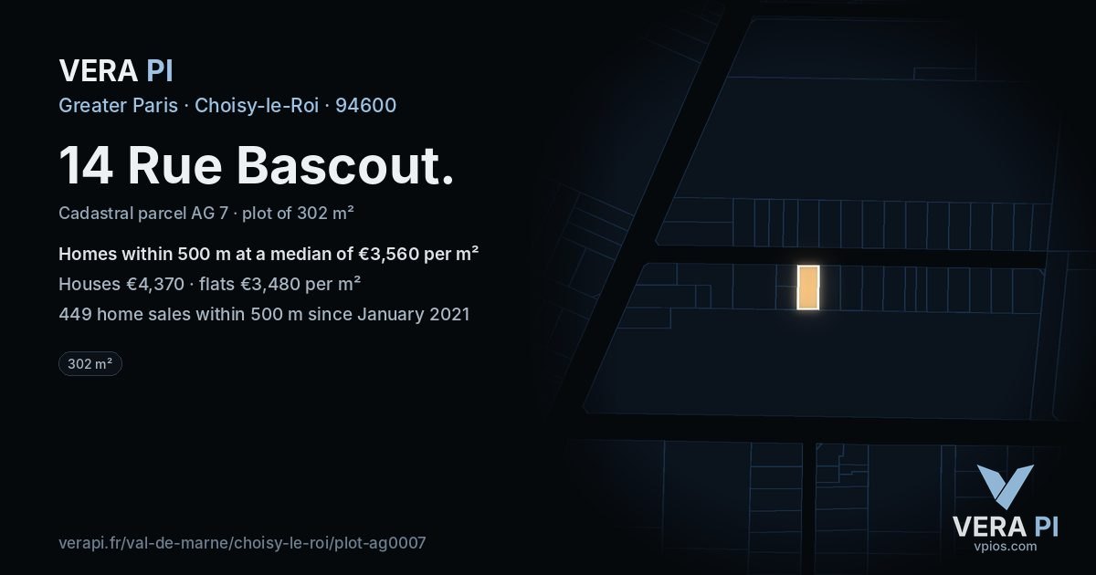 14 Rue Bascout, Choisy-le-Roi at night – the plot lit, the parcels around coloured by the prices near them