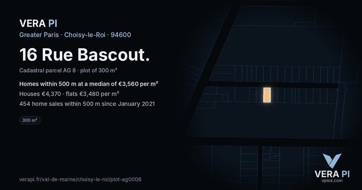 16 Rue Bascout, Choisy-le-Roi at night – the plot lit, the parcels around coloured by the prices near them