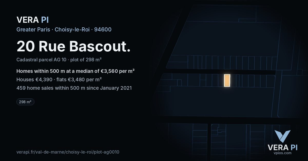 20 Rue Bascout, Choisy-le-Roi at night – the plot lit, the parcels around coloured by the prices near them