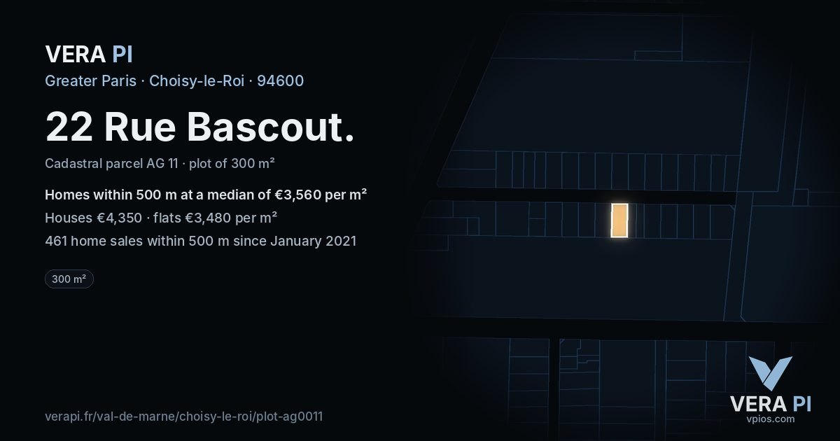 22 Rue Bascout, Choisy-le-Roi at night – the plot lit, the parcels around coloured by the prices near them