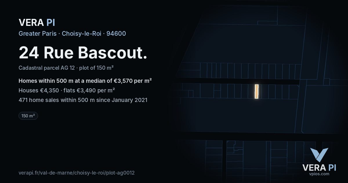 24 Rue Bascout, Choisy-le-Roi at night – the plot lit, the parcels around coloured by the prices near them