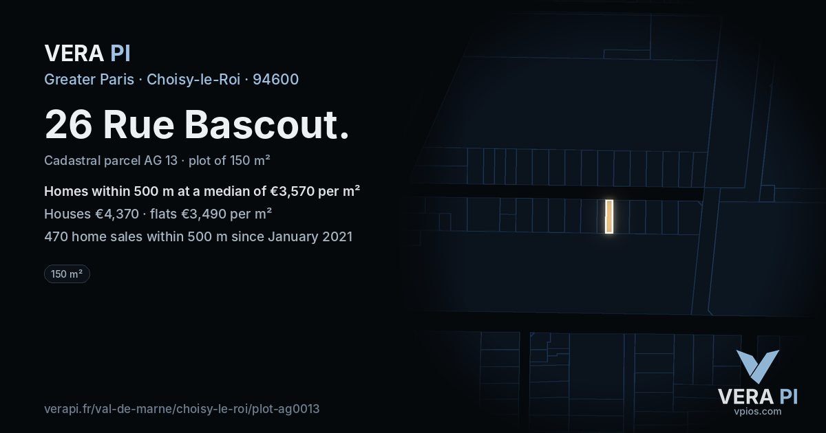 26 Rue Bascout, Choisy-le-Roi at night – the plot lit, the parcels around coloured by the prices near them